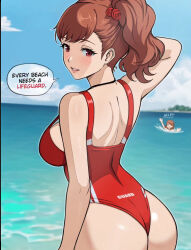  2girls ai-assisted alternate_breast_size alternate_costume ass back beach blush curvy flower hair_flower hair_ornament highres lepypepy lifeguard looking_back multiple_girls ocean peril persona persona_3 persona_3_portable red_eyes red_hair shiomi_kotone swimsuit takeba_yukari thick_thighs thighs whistle whistle_around_neck  rating:Questionable score:90 user:Gfunk-ZX