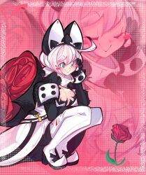 1girl ahoge animal_ears blue_eyes blush blush_stickers boots bouquet breasts cleavage cleavage_cutout closed_eyes clothing_cutout collar commentary dress elphelt_valentine english_commentary fake_animal_ears flower full_body guilty_gear guilty_gear_xrd highres large_breasts pink_theme poopiepluto rabbit_ears red_flower red_rose rose short_hair solo spiked_collar spikes thigh_boots white_dress white_footwear white_hair zoom_layer