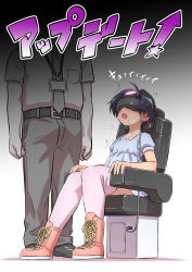 1boy 1girl backpack bag belt black_hair blue_hair blue_shirt boots chair collarbone dress drooling gradient_background ha_ku_ronofu_jin highres id_card japanese_text loli mind_control necktie open_mouth pants pink_footwear pink_thighhighs shirt shoes short_hair short_sleeves simple_background sitting standing thighhighs translated yellow_eyes rating:Explicit score:93 user:ldmt1995