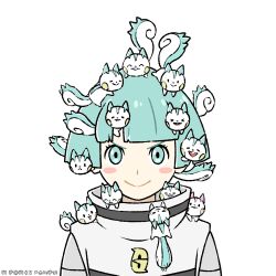  1girl animal aqua_eyes aqua_hair closed_mouth commentary_request creatures_(company) game_freak gen_4_pokemon highres komepan nintendo pachirisu pokemon pokemon_(creature) pokemon_dppt short_hair simple_background smile squirrel tail team_galactic_grunt unownglyphics upper_body v-shaped_eyebrows white_background 