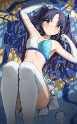  1girl absurdres bare_shoulders blue_archive blue_eyes cheerleader doodle_sensei_(blue_archive) facial_mark hidulume highres long_hair looking_at_viewer purple_eyes sensei_(blue_archive) solo star_(symbol) sticker_on_face two_side_up yuuka_(blue_archive)  rating:Sensitive score:34 user:victusr34