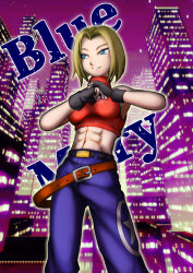  1girl abs blonde_hair blue_eyes blue_mary breasts denim fatal_fury fingerless_gloves gloves highres jeans large_breasts legs midriff navel pants parted_lips short_hair smile snk solo the_king_of_fighters thighs 