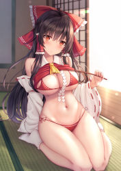 1girl absurdres adapted_costume bikini bow breasts brown_hair cleavage commentary_request detached_collar detached_sleeves frilled_bow frills gohei hair_bow hair_tubes hakurei_reimu head_tilt highres indoors large_breasts lens_flare liya long_hair looking_at_viewer micro_bikini navel nontraditional_miko red_bikini red_bow red_eyes revealing_clothes ribbon sidelocks sitting sliding_doors socks solo swimsuit tatami thighs touhou underboob wariza white_socks wooden_floor yellow_neckwear rating:Sensitive score:85 user:danbooru