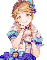  1girl blue_bow blue_dress blue_ribbon blush bow breasts brown_eyes brown_hair collarbone crown dot_nose dress dress_bow gloves hair_bow hair_ribbon hand_on_own_cheek hand_on_own_chest hand_on_own_face hands_up idolmaster idolmaster_million_live! idolmaster_million_live!_theater_days inzup long_hair looking_at_viewer medium_breasts mini_crown neck_ribbon open_mouth ribbon short_sleeves sidelocks simple_background smile solo striped_ribbon tenkuubashi_tomoka upper_body white_background white_gloves 