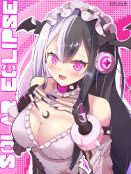  1girl absurdres beatmania beatmania_iidx black_bow black_choker black_gloves black_hair black_hairband black_nails black_wings blush bow bracelet breasts character_name choker cleavage cleavage_cutout clothing_cutout commentary_request fingerless_gloves fingernails flower frilled_hairband frills gloves hair_bow hairband head_wings headphones highres igo_(igo150) jewelry large_breasts long_hair looking_at_viewer medium_bangs multicolored_hair open_mouth pink_background pink_eyes pink_flower pink_rose rose sharp_fingernails shirt sidelocks sleeveless sleeveless_shirt smile solar_eclipse_(bemani) solo spiked_bracelet spiked_choker spiked_hairband spikes split-color_hair upper_body very_long_fingernails white_hair white_shirt wings 
