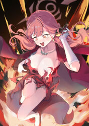  1girl :d absurdres aru_(blue_archive) aru_(dress)_(blue_archive) black_horns blue_archive breasts cleavage coat coat_on_shoulders collarbone demon_horns dress earrings explosion fire gloves halo high_heels highres horns jewelry large_breasts long_hair looking_down necklace official_alternate_costume open_mouth peropicnic pink_hair pink_halo red_background red_coat red_dress red_footwear smile solo surprised tears torn_clothes torn_dress wardrobe_malfunction white_gloves wide-eyed yellow_eyes 