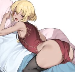 1boy ass ass_focus black_thighhighs blonde_hair blush character_request china_dress chinese_clothes copyright_request double-parted_bangs dress fang from_behind hair_bun highres looking_at_viewer looking_back male_focus medium_hair mole mole_on_ass mole_under_each_eye mole_under_eye multiple_moles open_mouth pelvic_curtain pillow red_dress red_eyes short_dress sidelocks single_hair_bun sleeveless sleeveless_dress thick_thighs thighhighs thighs top-down_bottom-up trap urec wide_hips  rating:Sensitive score:71 user:danbooru