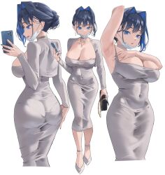  1girl archinoer armpits ass black_bag blue_eyes blue_hair blue_nails breast_tattoo breasts cellphone choker colored_inner_hair covered_navel dongtan_dress dongtan_lady_(k_pring) dress earrings hair_bun hair_intakes highres holding holding_phone hololive hololive_english impossible_clothes impossible_dress jewelry large_breasts looking_at_viewer mask meme_attire mouth_mask multicolored_hair multiple_views necklace ouro_kronii phone short_hair single_hair_bun smartphone surgical_mask tattoo virtual_youtuber white_choker white_dress white_footwear  rating:Sensitive score:70 user:danbooru
