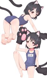  1girl absurdres all_fours animal_ears animal_hands ass barefoot black_hair blue_one-piece_swimsuit blue_school_swimsuit breasts cameltoe cat_ears cat_paws cat_tail child choker cosplay feet flat_chest goki_buri hair_ornament hairpin highres idolmaster idolmaster_cinderella_girls idolmaster_cinderella_girls_u149 loli looking_at_viewer looking_back multiple_views name_tag navel neck_bell new_school_swimsuit one-piece_swimsuit sasaki_chie school_swimsuit short_hair skin_tight small_breasts soles swimsuit tail toes white_background 