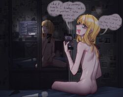 1girl :d absurdres ass back blonde_girl_(popopoka) blonde_hair blue_eyes blush breasts can commentary completely_nude desk english_commentary english_text female_masturbation highres hitachi_magic_wand keyboard_(computer) long_hair looking_at_viewer masturbation monitor monster_energy mouse_(computer) navel nipples nude open_mouth original photo_(object) popopoka reflection scar sex_toy sitting small_breasts smile spread_legs sweat vibrator 