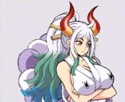  1girl ahoge animated animated_gif blue_hair blush breast_press breast_tattoo breasts breasts_out collarbone flashing green_hair grin hair_ornament haori happy horns huge_breasts japanese_clothes large_breasts long_hair lowres multicolored_hair multicolored_horns nipples one_piece shirt simple_background sleeveless sleeveless_shirt smile smiley_face solo tattoo upper_body v-shaped_eyebrows wavy_mouth white_background white_hair yamato_(one_piece) yellow_eyes  rating:Questionable score:64 user:Uwussi