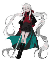  absurdly_long_hair bad_id bad_pixiv_id black_footwear boots cape closed_mouth grey_eyes holding holding_sword holding_weapon hood hoodie katana long_hair long_sleeves looking_at_viewer lunch_(lunchicken) original red_hoodie simple_background sleeves_past_fingers sleeves_past_wrists smile sword twintails very_long_hair weapon white_background white_hair 