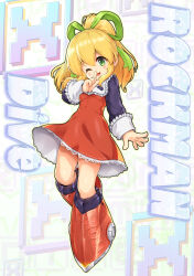  1girl ;d blonde_hair blush boots breasts character_name commentary_request dress endou_hiroto frilled_dress frills full_body green_eyes green_ribbon hair_between_eyes hair_ribbon hand_up highres long_hair long_sleeves looking_at_viewer mega_man_(series) mega_man_x_(series) mega_man_x_dive one_eye_closed open_mouth ponytail red_dress red_footwear ribbon roll_(mega_man) small_breasts smile solo 