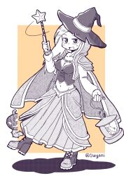 1girl 1segani boots breasts cleavage cloak full_body greyscale_with_colored_background hat hearthstone holding holding_lantern holding_wand jack-o&#039;-lantern jaina_proudmoore lantern long_hair looking_at_viewer medium_breasts navel open_mouth sinister_squashling skirt solo star_wand twitter_username wand warcraft witch_hat