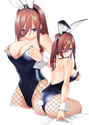 1girl animal_ears areola_slip back bare_back bare_shoulders blue_eyes blush breasts brown_hair fake_animal_ears fake_tail fishnets go-toubun_no_hanayome hair_between_eyes highres kosmos_beta large_breasts leotard long_hair looking_at_viewer looking_back nakano_miku pantyhose playboy_bunny rabbit_ears rabbit_tail simple_background tail undersized_clothes white_background white_wrist_cuffs wrist_cuffs rating:Questionable score:105 user:danbooru