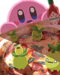  blue_eyes blush_stickers creatures_(company) drooling food game_freak highres hot_sauce kirby kirby_(series) miclot nintendo no_humans o_o olive parted_lips pizza pizza_box pokemon pokemon_(creature) simple_background size_difference smoliv tabasco wavy_mouth white_background  rating:General score:8 user:danbooru