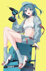  1girl absurdres alternate_costume baseball_cap belt blue_eyes blue_footwear blue_hair blue_hat blue_shorts blush box brand_name_imitation breasts cleavage commentary_request crop_top feet fishnet_top fishnets full_body hair_bobbles hair_ornament hat highres holding_power_drill jacket jewelry kawashiro_nitori key key_necklace legs logo_parody long_sleeves looking_at_viewer makita_(brand) medium_bangs medium_hair midriff nail_polish navel necklace neko-san_(dim.dream) open_clothes open_jacket open_mouth power_drill red_belt shirt shorts simple_background sitting small_breasts smile solo toeless_footwear toenail_polish toenails toes touhou two_side_up white_shirt yellow_background 