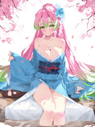  1girl areola_slip armpit_crease bare_shoulders blue_flower blue_kimono blue_sash blush breasts bust_cup cherry_blossoms cleavage closed_mouth collarbone commentary cup english_commentary fingernails flower gradient_hair green_eyes green_hair hair_between_eyes hair_flower hair_ornament high_ponytail highres japanese_clothes kanroji_mitsuri kimetsu_no_yaiba kimono knees large_breasts long_hair long_sleeves looking_at_viewer mixed-language_commentary mole mole_under_each_eye mole_under_eye multicolored_hair multiple_moles nail_polish pink_hair pink_nails revision sakazuki sash sitting sleeves_past_wrists smile soaking_legs solo thighs tokkuri tray tree two-tone_hair very_long_hair waterring wide_sleeves yukata 