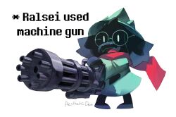  1boy aestheticden artist_name black_fur body_fur colored_skin deltarune english_text fangs full_body furry furry_male glasses goat_boy green-framed_eyewear green_hat gun hat highres holding holding_gun holding_weapon machine_gun pink_scarf ralsei round_eyewear scarf skin_fangs smile solid_oval_eyes solo standing teeth weapon white_background witch_hat 
