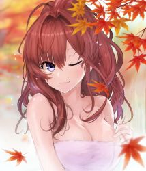 1girl :3 ahoge alternate_hairstyle autumn autumn_leaves bad_id bad_twitter_id bare_shoulders breasts brown_hair cleavage commentary hair_intakes hair_up hand_on_breast ichinose_shiki idolmaster idolmaster_cinderella_girls lamp_p9 large_breasts lips long_hair looking_to_the_side one_eye_closed onsen outdoors ponytail purple_eyes solo towel upper_body wet rating:Sensitive score:13 user:danbooru