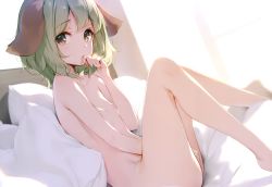 1girl absurdres animal_ears backlighting between_legs blush brown_eyes completely_nude dog_ears feet_out_of_frame from_side green_hair hand_between_legs hand_on_own_face highres implied_masturbation kasodani_kyouko ke-ta knees_up leaning_back loli looking_at_viewer looking_to_the_side nipples nude on_bed parted_lips pillow short_hair sitting smile solo touhou rating:Questionable score:146 user:danbooru