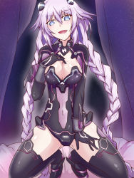  10s 1girl blue_eyes braid breasts cleavage cleavage_cutout clothing_cutout covered_navel female_focus gluteal_fold hair_ornament highres kneeling large_breasts leotard long_hair mishiro_hifumi neptune_(neptunia) neptune_(series) open_mouth purple_hair purple_heart_(neptunia) smile solo symbol-shaped_pupils twin_braids very_long_hair  rating:Sensitive score:20 user:danbooru
