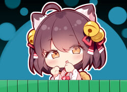  1girl ahoge alternate_eye_color animal_ears bell blue_background blush brown_hair cat_ears cat_girl chibi commentary_request eyes_visible_through_hair frilled_sleeves frills hair_bell hair_between_eyes hair_ornament highres ichihime japanese_clothes jingle_bell kimono long_sleeves looking_at_viewer mahjong mahjong_soul mahjong_tile medium_bangs open_mouth orange_eyes outline pink_kimono purapa short_hair smile smug solo textless_version upper_body white_outline 