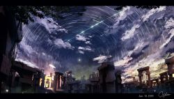 arch artist_name blue_sky chain cloud dated english_text letterboxed light_particles night no_humans original scenery shooting_star signature sky star_(sky) star_trail tree waisshu_(sougyokyuu) rating:General score:3 user:AngryZapdos