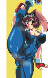  1girl anus areola_slip arm_up bodysuit breasts brown_eyes brown_hair cameltoe cleavage cleft_of_venus covered_erect_nipples covered_navel fingerless_gloves flexible gloves goggles goggles_on_head highres jacket large_breasts leg_grab leg_lift leg_up legs looking_at_viewer makihara_arina open_clothes open_jacket rabbit_ears rabbit_girl short_hair smile solo spandex sweat thighs toned waku_waku_7 