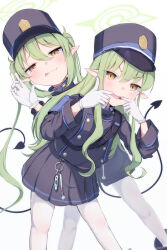  2girls :q absurdres armband black_hat black_jacket black_shorts black_skirt blue_archive blue_armband blush buttons closed_mouth commentary demon_tail double-breasted fang finger_in_own_mouth gloves green_hair green_halo hair_between_eyes halo hat highres hikari_(blue_archive) jacket long_hair long_sleeves looking_at_viewer miniskirt mok4suke mouth_pull multiple_girls nozomi_(blue_archive) open_mouth pantyhose peaked_cap pleated_skirt pointy_ears shorts siblings sidelocks simple_background sisters skin_fang skirt smile tail tongue tongue_out twins twintails white_background white_gloves white_pantyhose yellow_eyes 