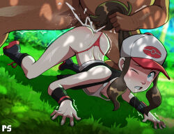 1boy 1girl absurdres anal aqua_eyes ass baseball_cap black_footwear black_socks black_vest boots bright_pupils brown_hair clenched_teeth clothed_female_nude_male clothing_aside commentary creatures_(company) cum cum_in_ass cum_overflow day drooling eyelashes game_freak grabbing_another&#039;s_hair grass hat hetero highres hilda_(pokemon) long_hair nintendo nipples nude one_eye_closed open_clothes open_vest outdoors panties panties_aside penis pokemon pokemon_bw ponpu_(pumpkinsinclair) ponytail saliva sex shirt sidelocks size_difference sleeveless sleeveless_shirt socks tank_top teeth thong top-down_bottom-up trembling uncensored underwear vest white_headwear rating:Explicit score:269 user:danbooru