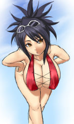  00s 1girl :o bent_over black_hair blush breasts brown_eyes casual_one-piece_swimsuit cleavage clenched_hand cloud collarbone covered_erect_nipples cross-laced_clothes crossed_legs day eyewear_on_head fujibayashi_sheena hands_on_own_hips hanging_breasts head_tilt highleg highleg_swimsuit hip_focus homura_(haku89) huge_breasts lace large_breasts looking_at_viewer messy_hair ninja official_alternate_costume one-piece_swimsuit outdoors parted_lips ponytail red_one-piece_swimsuit short_ponytail sideboob sidelocks sky smile solo sunglasses swimsuit tales_of_(series) tales_of_symphonia thighs wide_hips yellow_eyes  rating:Questionable score:245 user:Draq