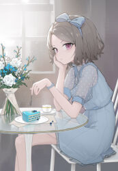  1girl absurdres blue_bow blue_dress blue_hairband blueberry bouquet bow bow_hairband cake cake_slice closed_mouth commentary crossed_legs cup day dress ebizuka_tomo elbow_rest elbows_on_table fangfangtu flower food from_side fruit girls_band_cry grey_hair hairband hand_on_own_cheek hand_on_own_face head_rest highres holding indoors light_particles looking_at_viewer on_chair paper parted_bangs plate pout puffy_short_sleeves puffy_sleeves purple_eyes rose see-through see-through_sleeves short_hair short_sleeves sitting solo sunlight table teacup tuning_fork v-shaped_eyebrows white_flower white_rose window 