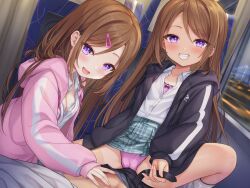  1boy 2girls assertive_female belt blush bra bra_peek breasts brown_hair cameltoe cleavage copyright_request girl_on_top grinding_over_clothes hair_ornament hairclip indoors jacket loli long_hair looking_at_viewer loose_socks medium_breasts mesugaki multiple_girls naughty_face official_art open_clothes original otosume_ruiko panties pink_bra pink_jacket pink_panties plaid plaid_skirt pleated_skirt purple_eyes shirt siblings skirt small_breasts smile smug socks spread_legs straddling teeth twins underwear undressing_another upskirt white_bra white_shirt  rating:Questionable score:183 user:danbooru