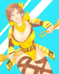  1girl armor breasts brown_eyes brown_hair cleavage female_focus hair_ornament kunai large_breasts leotard nene open_mouth ribbon sarusuberi sengoku_musou sengoku_musou_2 sengoku_musou_3 short_hair solo thighhighs weapon yellow_ribbon 