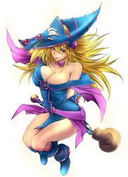  1girl adjusting_clothes adjusting_headwear bare_shoulders blonde_hair blue_footwear blush_stickers boots bracer breasts choker cleavage dark_magician_girl duel_monster female_focus fingerless_gloves full_body gloves green_eyes hat large_breasts long_hair looking_at_viewer pentacle smile solo staff thighs white_background wizard_hat yamaneko yu-gi-oh! yuu-gi-ou yu-gi-oh!_duel_monsters 