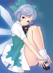 1girl aqua_dress bare_legs blue_background blue_eyes blue_hair blue_panties bow cirno dress full_body hair_bow hugging_own_legs ice ice_wings kouno_(masao) legs looking_at_viewer mary_janes matching_hair/eyes panties panties_around_ankles panty_pull puffy_sleeves shirt shoes short_hair short_sleeves simple_background solo thighs touhou underwear wings rating:Questionable score:14 user:danbooru