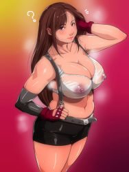 1990s_(style) 1girl ? adjusting_hair armpit_hair armpits belt bike_shorts bra breasts brown_eyes brown_hair cleavage clueless curvy elbow_gloves final_fantasy final_fantasy_vii ganto gloves gradient_background large_breasts lips long_hair looking_at_viewer midriff navel nipples pencil_skirt plump retro_artstyle see-through shorts skirt smell solo suspenders sweat tifa_lockhart underwear rating:Questionable score:80 user:i_am_gundam