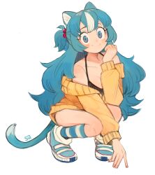  1girl absurdres animal_ears big_hair black_bra blue_eyes blue_hair blue_socks blue_theme blush bra breasts cat_ears cat_girl cat_tail cleavage dress full_body hair_bobbles hair_ornament highres long_hair off-shoulder_sweater off_shoulder original shoes smile sneakers socks solo squatting striped_clothes striped_socks sui_(suizilla) sweater sweater_dress tail underwear very_long_hair white_background yellow_sweater 