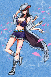  1girl black_hair blue_background boots coat commentary_request cowboy_hat cross-laced_clothes cross-laced_top extra_arms full_body fur-trimmed_coat fur_trim hana_hana_no_mi hat highres long_hair looking_at_viewer miniskirt nico_robin one_piece petals pink_petals purple_shirt purple_skirt s-watered-man shirt skirt solo white_coat white_footwear white_hat 