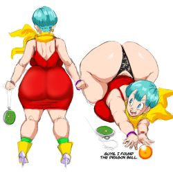 1girl arms_at_sides ass bare_shoulders blue_eyes boots breast_press breasts bulma dragon_ball dragon_ball_(object) dragon_radar dragonball_z dress earrings english_text feet female_focus full_body green_hair high_heel_boots high_heels highres hoop_earrings huge_ass huge_breasts jewelry legs looking_back multiple_views open_mouth panties red_dress scarf short_hair simple_background solo standing thick_thighs thighs top-down_bottom-up ultivlad underwear white_background yellow_scarf  rating:Questionable score:139 user:Ynyswydryn