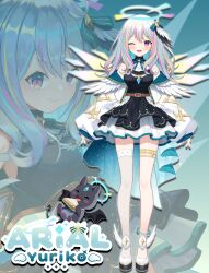 1girl :d absurdres arial_yuriko bare_shoulders black_dress blonde_hair blue_hair blue_wings character_name closed_mouth detached_wings dress gradient_wings grey_hair hair_between_eyes halo head_tilt highres jacket long_hair long_sleeves mauve multicolored_hair multicolored_wings multiple_views mythic_live off_shoulder one_eye_closed open_clothes open_jacket open_mouth puffy_long_sleeves puffy_sleeves purple_eyes purple_hair ryuushi_aria shoes single_thighhigh sleeveless sleeveless_dress sleeves_past_wrists smile streaked_hair teeth thighhighs upper_teeth_only virtual_youtuber vreverie white_footwear white_jacket white_thighhighs wings wink yellow_wings