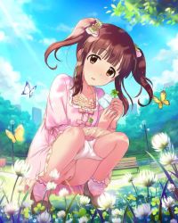 1girl animal annindoufu_(oicon) bench blue_butterfly blush bracelet breasts brown_eyes brown_footwear brown_hair bug butterfly cityscape cleft_of_venus clitoral_hood cloud clover clover_hair_ornament dress flower four-leaf_clover four-leaf_clover_hair_ornament grass hair_ornament hair_ribbons idolmaster idolmaster_cinderella_girls insect jewelry lamp lamppost loli long_hair looking_at_viewer necklace ogata_chieri open_mouth outdoors panties panty_pull park park_bench pee peeing pink_dress pink_socks public_indecency pussy shamrock shoes sky small_breasts socks solo squatting third-party_edit tissue trash_can tree twintails uncensored underwear underwear_pull white_panties yellow_butterfly rating:Explicit score:140 user:cpee