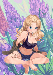 10s 1girl absurdres aqua_eyes arm_at_side armpits bad_id bad_pixiv_id bare_legs bare_shoulders barefoot blonde_hair blue_shorts blush breasts character_request closed_mouth creatures_(company) denim denim_shorts earrings feet flower full_body game_freak geregere_(lantern) girls_und_panzer highres indian_style jacket jewelry kay_(girls_und_panzer) leaning_forward long_hair long_sleeves looking_at_viewer medium_breasts midriff mouth_hold navel necklace nintendo no_bra off_shoulder open_clothes open_jacket parted_bangs pendant pokemon short_shorts shorts sitting sleeveless soles solo stomach strap_slip stud_earrings tank_top toes rating:Sensitive score:38 user:danbooru