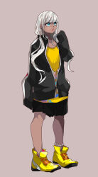  1girl absurdres alternate_costume bead_anklet black_jacket black_skirt black_sleeves blue_eyes blush_stickers brown_background commentary_request cross-laced_footwear danganronpa_(series) danganronpa_v3:_killing_harmony dark-skinned_female dark_skin eyelashes full_body hair_over_shoulder hand_up highres jacket jersey knees long_hair long_sleeves looking_ahead low_twintails mi_cha_iru miniskirt open_mouth paint_stains partially_unzipped pleated_skirt shirt shoes simple_background skirt sleeves_past_fingers sleeves_past_wrists smile sneakers solo sportswear twintails white_hair yellow_footwear yellow_shirt yonaga_angie zipper_pull_tab 
