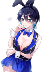  1girl akikuriii animal_ears arm_under_breasts black_hair black_thighhighs blue_eyes blue_hair blue_skirt breasts bunny_garden cleavage cowboy_shot fake_animal_ears green_eyes heart highres large_breasts leotard looking_at_viewer miuka_(bunny_garden) multicolored_hair nontraditional_playboy_bunny panties playboy_bunny pleated_skirt rabbit_ears short_hair signature simple_background skirt solo thighhighs thighs two-tone_hair underwear virtual_youtuber white_background white_panties 