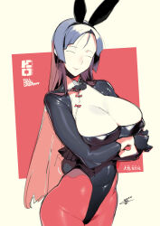  1girl animal_ears black_gloves black_leotard blue_hair blunt_ends breasts character_name chinese_clothes cleavage closed_eyes commentary_request copyright_name covered_erect_nipples crossed_arms dated gloves gradient_hair highleg highleg_leotard highres huge_breasts leotard long_hair long_sleeves multicolored_hair namaniku_atk ootori_kanae_(soukou_akki_muramasa) pantyhose parted_bangs pink_hair playboy_bunny puffy_nipples rabbit_ears rabbit_tail red_pantyhose sidelocks signature simple_background sketch smile solo soukou_akki_muramasa standing straight_hair tail very_long_hair 