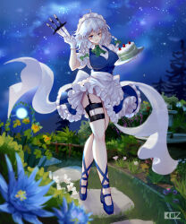  1girl absurdres ahoge blue_dress blue_eyes blurry blurry_foreground blush braid breasts cake commentary dress edz_drawz english_commentary flower food full_body full_moon gloves grass highres holding holding_knife holding_plate izayoi_sakuya knife large_breasts looking_at_viewer maid medium_hair moon night plate side_braids solo star_(sky) thigh_strap touhou white_gloves white_hair 