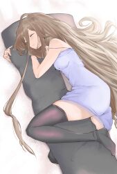  1girl bare_arms black_thighhighs breasts brown_hair closed_eyes dakimakura_(object) heretic_xx highres long_hair lying on_side pillow sense_(sousou_no_frieren) sleeping small_breasts solo sousou_no_frieren thighhighs very_long_hair 