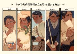  1boy age_progression aged_down bicycle black_eyes black_hair black_pants bright_pupils brown_jacket brown_pants can chengongzi123 child clenched_teeth closed_mouth commentary daikon dark-skinned_male dark_skin disembodied_limb eating furrowed_brow golden_kamuy hands_up headpat highres holding holding_can holding_paper holding_sword holding_weapon jacket koito_otonoshin licking_lips long_sleeves looking_at_viewer looking_up male_focus multiple_views pants paper radish riding riding_bicycle short_hair simple_background sitting suspenders sword symbol-only_commentary teeth tongue tongue_out translation_request upper_body very_short_hair weapon wooden_sword yellow_background 